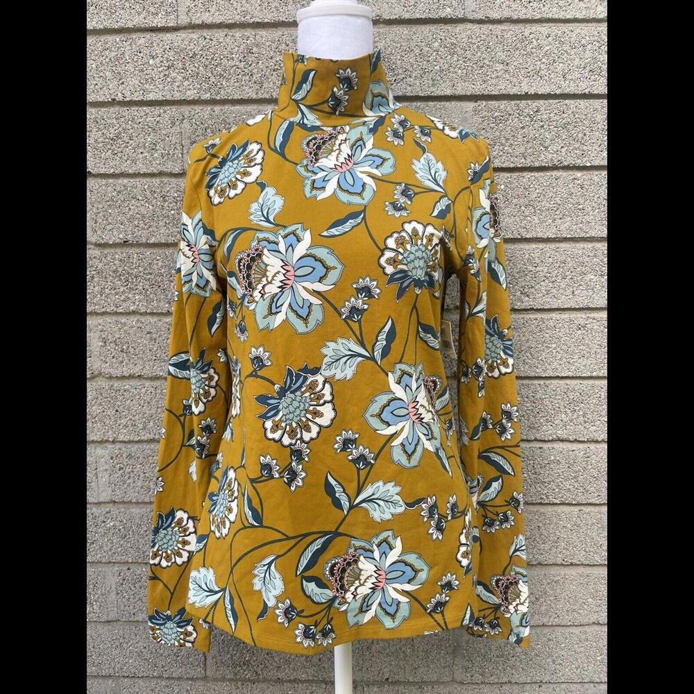 Anthropologie Maeve Floral Mock Turtleneck Size Medium Mustard Yellow Blue NWT